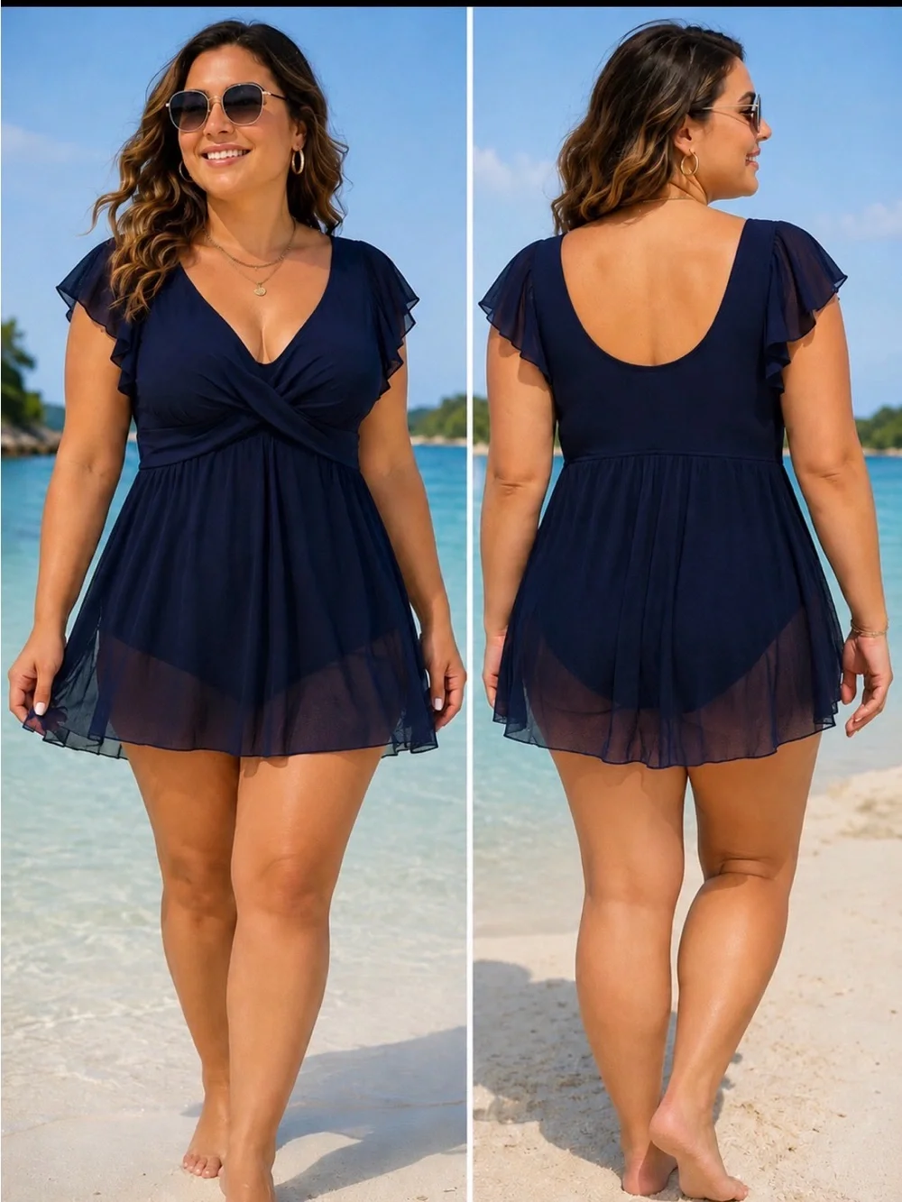 Women’s 4XL Navy Blue Flutter Sleeve Mesh Swim Dress One Piece Swimsuit